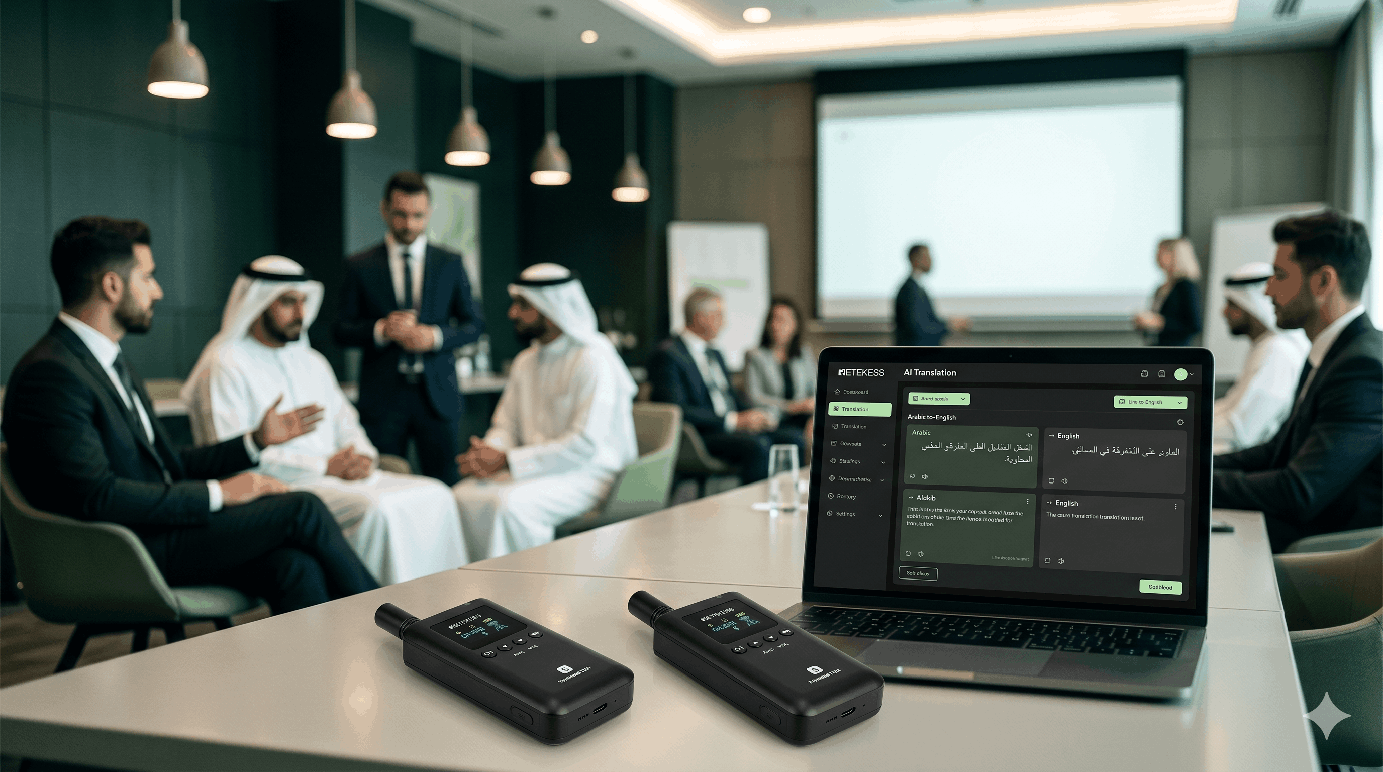 Retekess TT129 devices and Fasih translation dashboard at a multilingual corporate meeting
