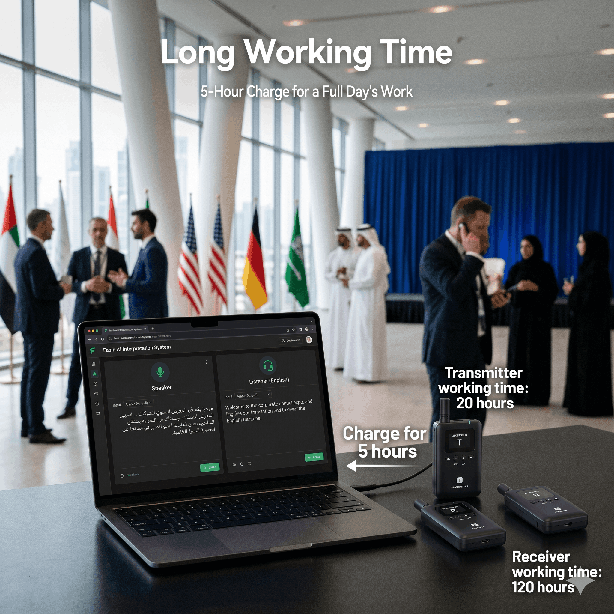 Fasih AI Interpretation System running live at Moomken Annual Expo — laptop dashboard visible with Retekess TT129 devices on table
